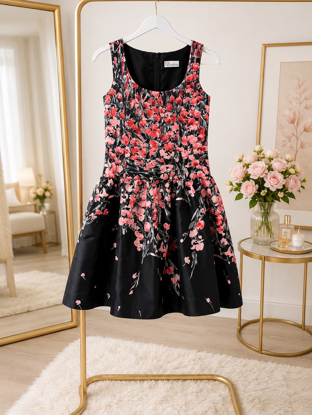Valentino Black Dress with Pink Floral Print Girls' Fit-and-Flare